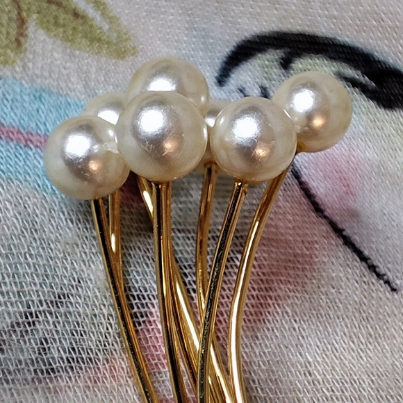 NAPIER Gold Tone Vintage 7 Sprig Flower Stem Bouquet Brooch Pin Faux Pearls EUC - Picture 8 of 16